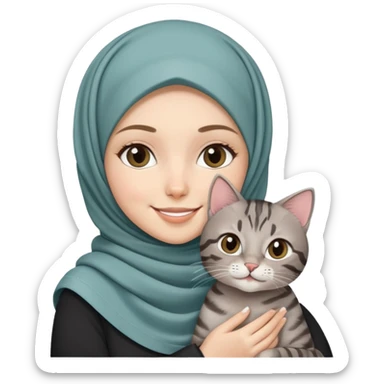 White girl wearing pretty hijab holding a black grey tabby cat while smiling sticker