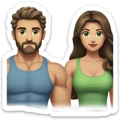 A pretty long dark-haired woman with an olive green tank top large breasts and green eyes next to a handsome muscular man with short brown hair, a thin salt and pepper beard blue eyes and a blue muscle shirt sticker