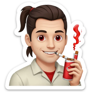 A white man with dark brown hair in a ponytail, oversized bloodshot eyes, grinning, smoking a long roll up sticker