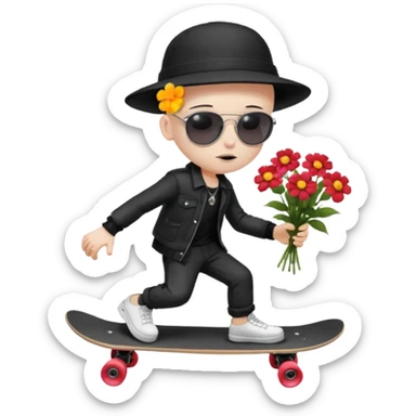 ["A sad boy with pale skin, bald, wearing a sunhat and sunglasses, dressed in goth fashion, is skateboarding while holding a flower bouquet."] sticker