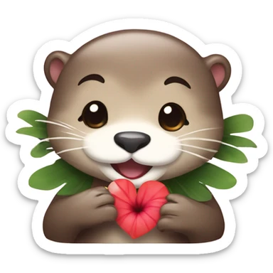 A happy and cute otter face with a Hawaiian flower tucked behind its ear, holding a heart. sticker