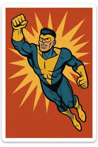invincible superhero character wearing a blue and yellow suit, dynamic flying pose, comic book style sticker