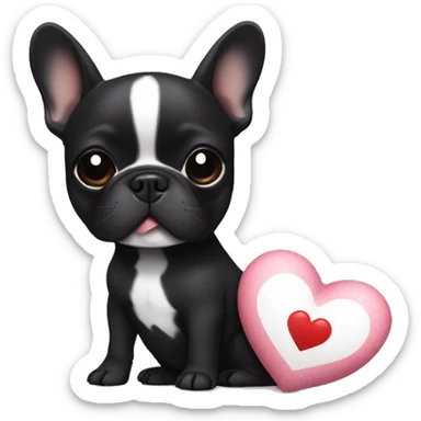 Black french bulldog with a tiny white mark on chest. Holding a heart pillow  sticker