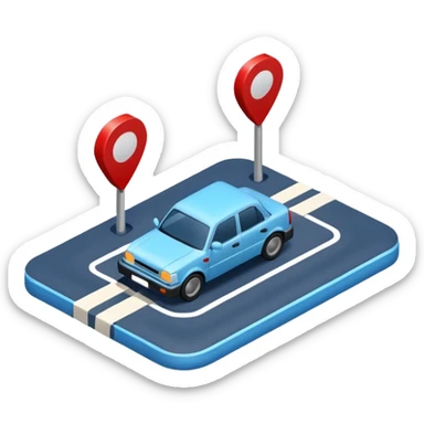 
A 3D minimal icon showing a street route to a destination with a single vehicle, a blue road, and small red accents for alerts. The style is clean, minimal 3D, with a transparent background. sticker