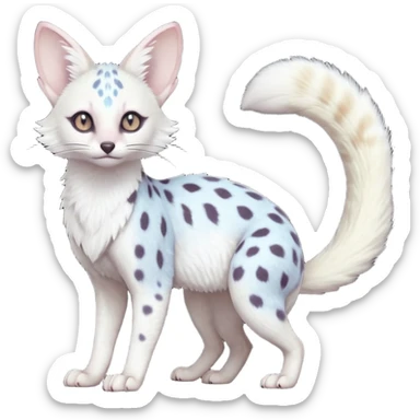 White Albino frosty snow-white whitish pastel-grey-spotted Serval-Civet-Genet-Trico-Furret-Linoone-Noibat-Espeon-Fakémon-Pokémon-animal-hybrid-fusion-creature (full body) with vibrant glowing eyes, cute, elegant, soft, realistic, pastel fur sticker