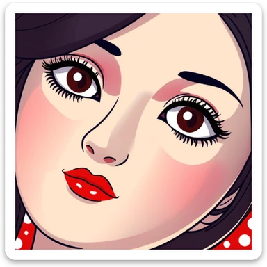 White girl with long oval shaped face, large almond shaped eyes with long eyelashes, long straight black hair falling in front of her bare shoulders, face closeup, with intricate patterned red and white gopi dots in a decorative design above eyebrows sticker