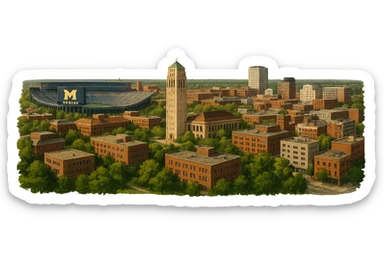 cinematic realistic emoji of Ann Arbor, Michigan, panoramic cityscape with University of Michigan campus, Michigan Stadium, Burton Memorial Tower, downtown Ann Arbor, lifelike detail, accurate colors, bright daylight, no sky, no clouds sticker