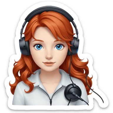 redhead girl with long wavy hair with black gaming headset and blue eyes sticker