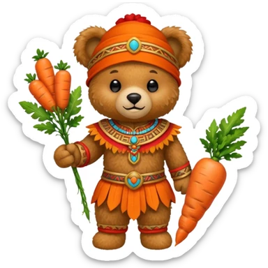teddy bear Upper with carrot , wearing red mayan ancient custome, half body sticker