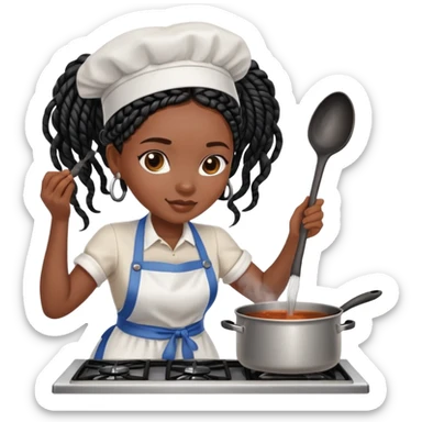 A dark-skinned Black woman with black box braids, wearing an apron, stirring a pot on the stove. sticker