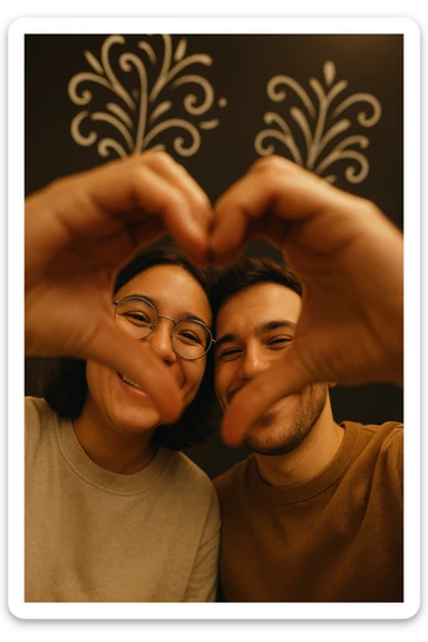 Two smiling people taking a selfie from a low angle, faces framed by their hands forming a heart shape in the foreground. One person wears round glasses, the other has a small beard and a mischievous smile. Hands joined at the center forming a clearly visible heart. Soft lighting, warm ambiance. White graphic decor on a dark background. sticker
