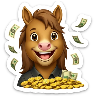 Laughing horse who is a smart and rich bank clerk but laughing with money sticker
