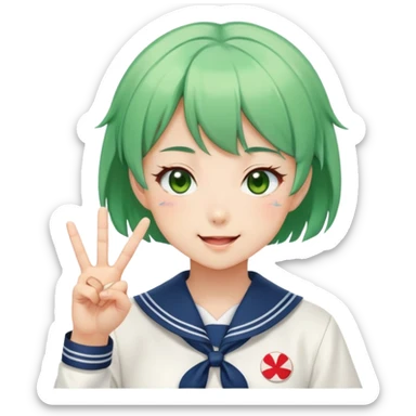 Energetic anime girl with short green hair wearing Japanese sailor style school uniform, winking and making double peace signs, very cheerful and bubbly, kawaii style sticker