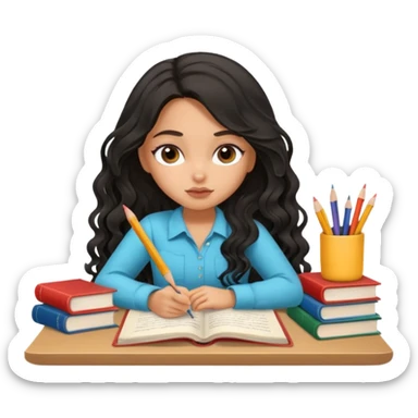 a pretty tan bratz girl with black wavy long hair studying. Pile of books on the table. No glasses. Looks tired sticker