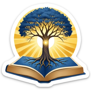 A deep blue-to-golden sunrise book with a textured, aged cover, featuring a lone figure on a path, a ray of light, or a tree with deep roots, radiating hope, purpose, and the power of finding meaning in adversity. sticker