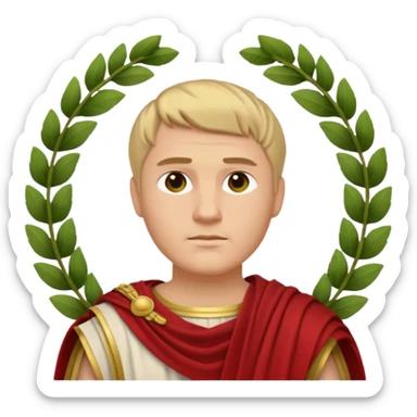 Julius Caesar as an emoji with Roman laurel wreath, toga, short hair, confident expression sticker