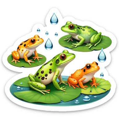 Icon for Amphibians: A colorful collage with various amphibians like a bright green frog sitting on a lily pad, a small salamander with orange spots, and a toad with bumpy skin. Water droplets around them and a pond in the background. Transparent background. sticker