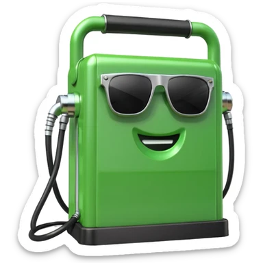 A 3D render of a green rectangular fuel pump as an inanimate object, with black sunglasses placed on its upper front panel. No face, no eyes, no character features, no anthropomorphism. Industrial product style. Clean lighting. Isolated on transparent background. sticker