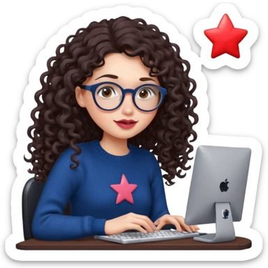 a white young woman with very long curly dark brown/chocolate hair typing in a computer. she's using round glasses, her lips are light red and her cheeks slightly pink. Her eyes are dark brown. She's using a dark blue knit sweater that has a tiny star in the middle   sticker