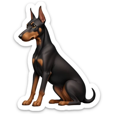 cinematic-[doberman]-realistic-full-body-sitting-emoji,-tail-resting-loosely-beside-its-paws,-head-tilted-dramatically, dooped ears -sleek-[black and tan]-fur,-simplified-yet-realistic-focused-features,-highly-detailed,-glowing-with-an-almost-sarcastic-glow sticker
