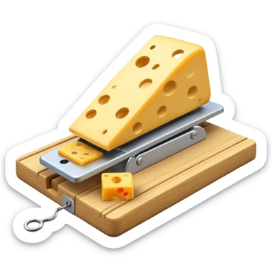 A 3D emoji in iOS emoji aesthetic style of a small mousetrap on a wooden base with a tiny gray mouse approaching a small piece of yellow cheese on it, minimal white background, bright lighting, clean and glossy Apple-style design sticker