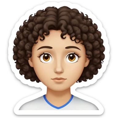 Person with dark brown curly hair that sits on top and goes just onto the top of the forehead, white tan skin with a circular to triangular face shape, brown eyes.  sticker