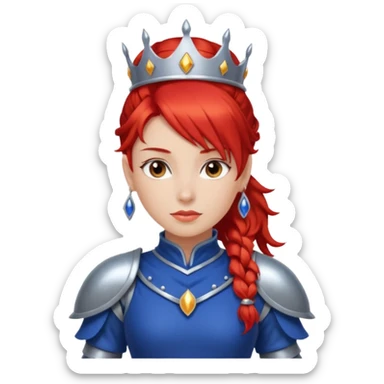 Red Haired Princess, Warrior Princess – fiery red ponytail, silver armor over royal dress, confident stance, silver crown sticker
