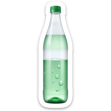 slim transparent bottle of sparkling water with green cap, visible carbonation bubbles, minimal blank label, clear fizzy water, soft reflections, clean minimalistic design, 3D rendered, soft lighting, emoji scale sticker