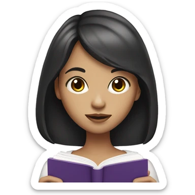 Girl with dark hair and light skin and bangs reading purple book sticker