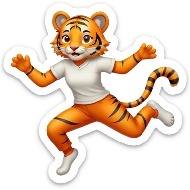 friendly anthropomorphised female tiger in a shirt and pants leaping, energetic pose sticker