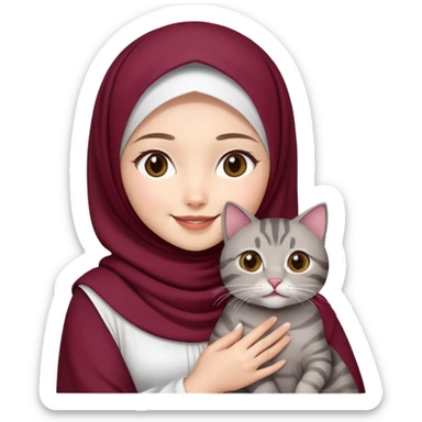 Asian White girl wearing maroon hijab wearing a white dress holding a black grey tabby cat while smiling.  sticker
