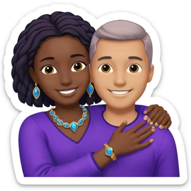 Tan European male wearing blue and smiling and hugging a jet black African girl in purple clothes with blue jewelry sticker