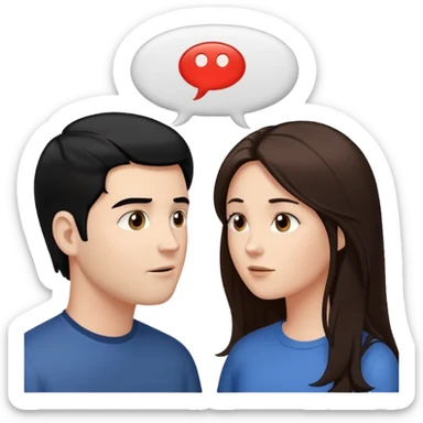 a person chatting up another person, one white male with black hair, one white woman facing each other talking with strictly white speech bubbles above their head,  sticker