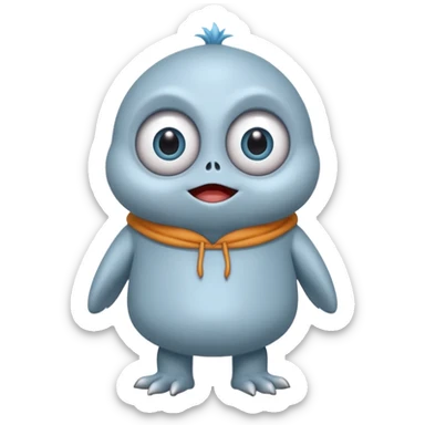 ..it has 1 eye....stands upright ...wears clothing. is light grey and light blue..looks happy and cuddly... doesnt have a full head.... there is a appendage coming out of top of body with a single large eye sticker