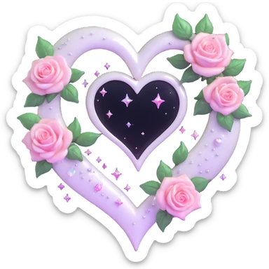 gothic heart made of pearl glass, silver crescent moon, glowing blush pink roses, holographic stardust, neon white lightning, drenched and splintered glass sticker