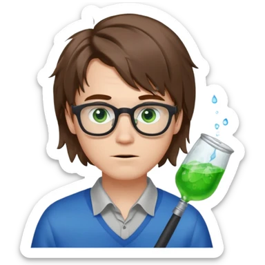 nerdy white boy with blue eyes and messy long bob cut brown hair that has green stench  sticker