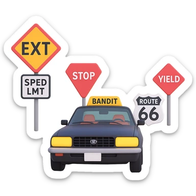 Add even more road signs, such as stop, yield, and Route 66, along the highway with the Bandit-style car. The style should resemble 3D emoji style with a transparent background. sticker