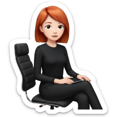 “Video call therapy session: red-haired therapist with short hair wearing black minimalist clothing, seated in a professional home office, looking at the webcam; client with long hair wearing all-black outfit visible on screen; calm, modern teletherapy setting sticker