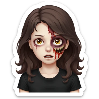 crie uma garota com ferimentos zoombie cabelo ondulado 2c longo castanho escuro e blusa básica preta sem nada  sticker