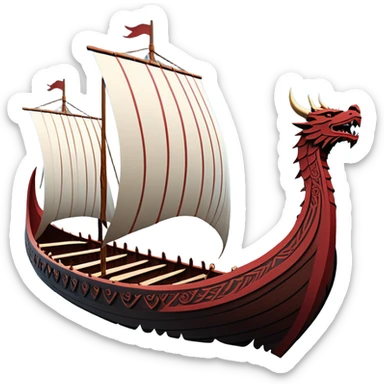 clash-of-clans-aesthetic_-cinematic-viking-longboat, rendered in a flat, bold vector style with minimal shading, featuring a striking dragon-headed prow slicing through icy, churning waters. shields on the side and vikings rowing The longboat’s intricately detailed shields and carved motifs evoke a sense of epic adventure and Nordic might, with billowing sails catching a dramatic, stormy sky backdrop. sticker