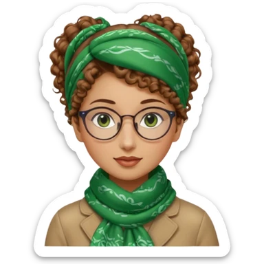 iranian woman, tight curly light brown hair in one high pony tail, glasses, green eyes, pretty, oval shape face, no hajib, scarf on neck sticker