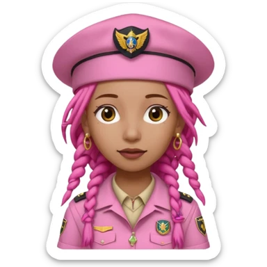 scout girl with pretty pink uniform, pink dreadlocks, and big earrings and scouts hat sticker