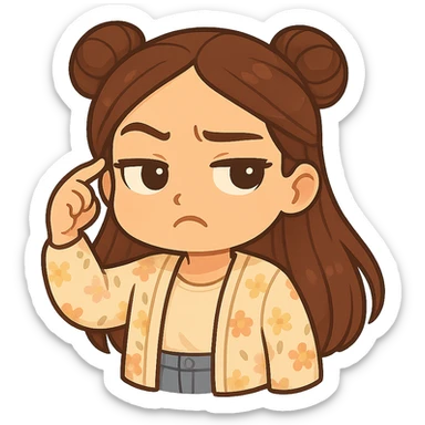 Create a chibi sticker of the girl from the reference image. She is twirling her finger at her temple with a sarcastic, skeptical face (not angry). She has brown straight hair styled in double buns, brown eyes, wearing a pastel floral cardigan and jeans. The sticker should have a white outline and a transparent background, sized 512x512px. sticker
