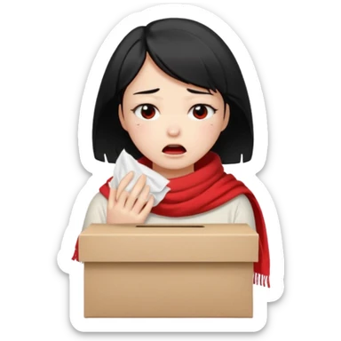 a pretty bratz fair girl crying in a loose oversized off white tshirt and red scarf with short black hair with a tissue box sticker