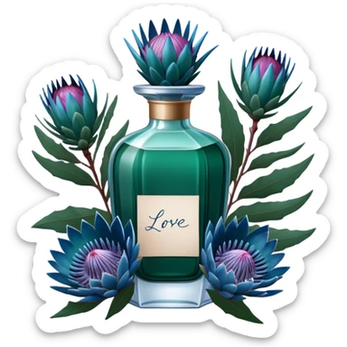 Dark green captivating perfume bottle with blue proteas and a handwritten love letter sticker