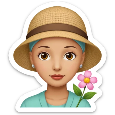 Woman with no hair wearing a cute hat with a flower on it sticker
