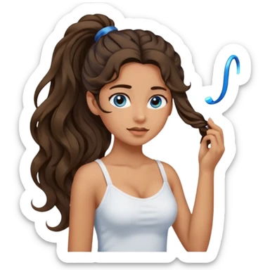 Girl with olive skin, blue eyes, brown dark insanely wavy long hair, white camisole, putting hair in a pony tail sticker