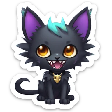   cool edgy beautiful anime-style ethereal dark-punk-themed animal vampiric cat-hybrid Fakemon with fangs and bat-wing-ears with a collar full body sticker