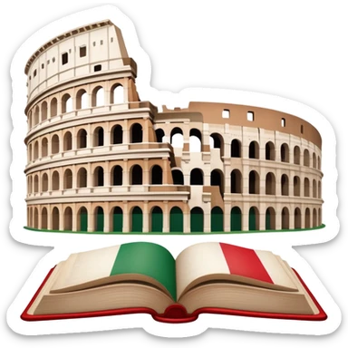An icon featuring the Colosseum and the flag of Italy, symbolizing the Italian language. The design includes an open book with Italian phrases, representing language learning and cultural heritage. Transparent background sticker