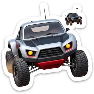 Satan’s and Vader (post race) Cabernet Dirty and dented Local Motors Rally Fighter off road race car hot rod trophy truck-style flying on a dusty road (silver wheels) sticker